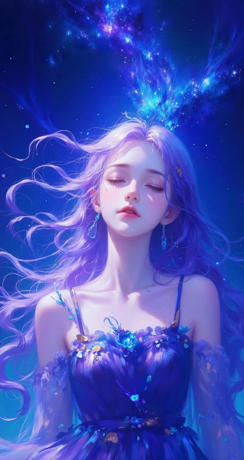 蓝色梦幻唯美星空美少女动漫4k手机壁纸